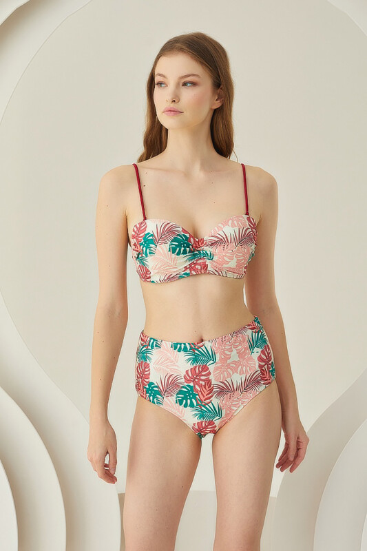 Renkli Soft Tropikal Straplez Yüksek Bel Bikini Takımı - NBB