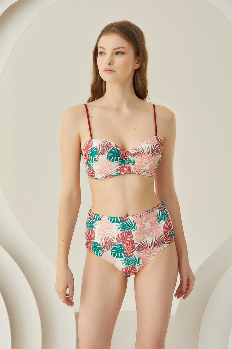 Renkli Soft Tropikal Straplez Yüksek Bel Bikini Takımı - 1