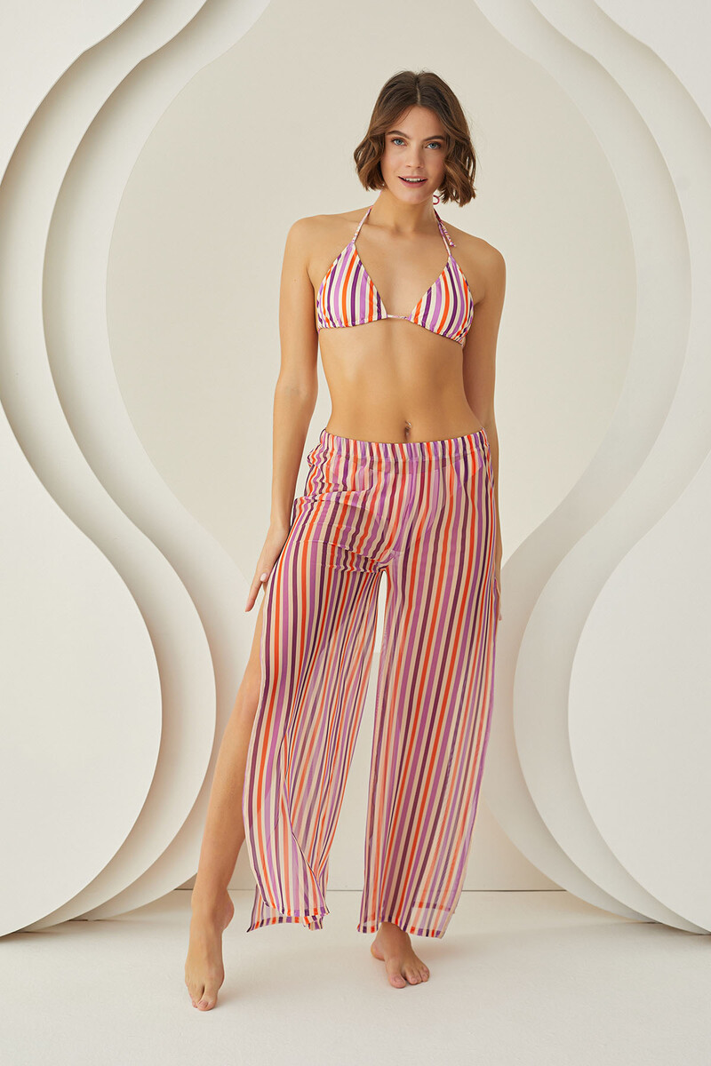 Renkli Stripes Yırtmaçlı Pareo Pantolon - 1