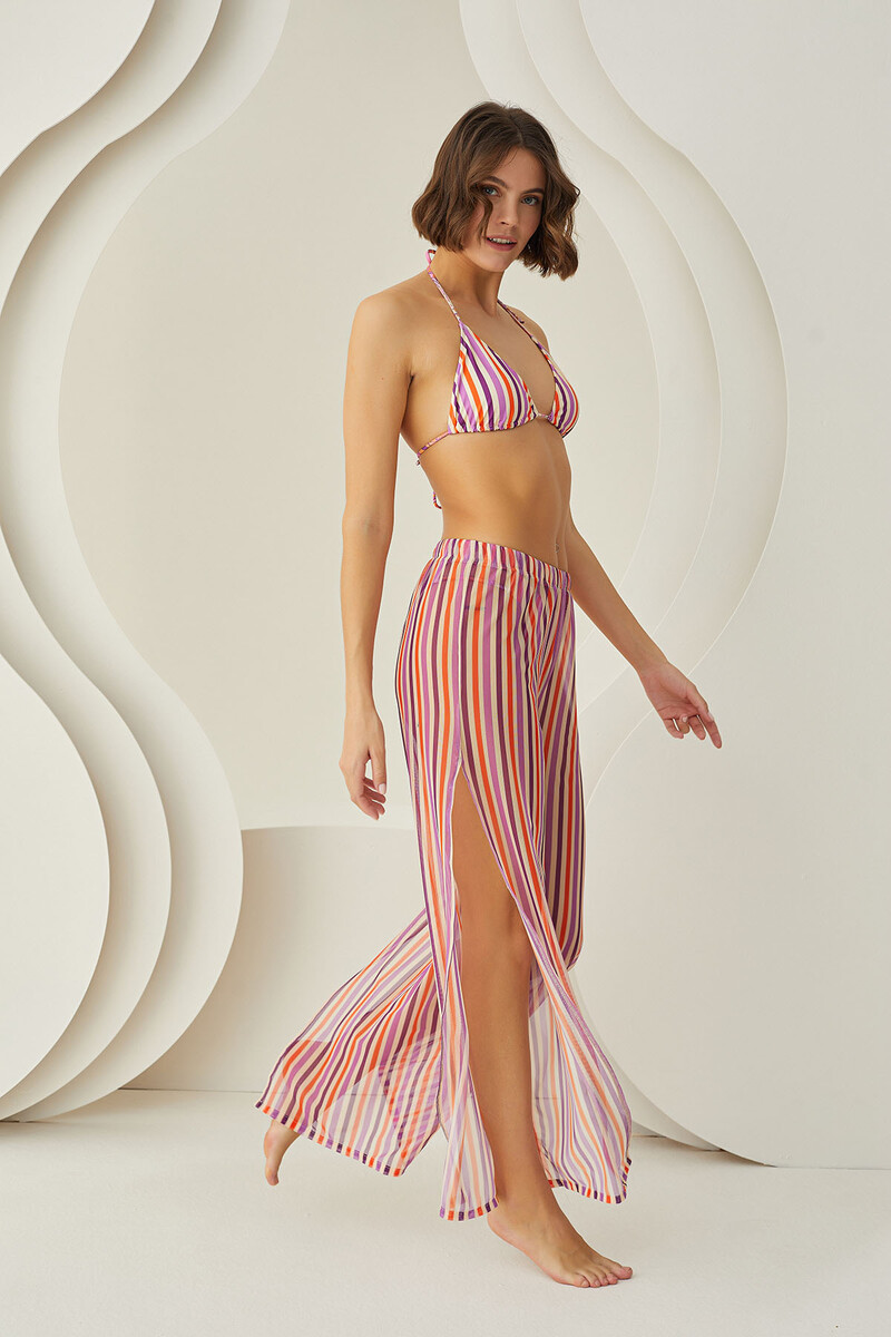 Renkli Stripes Yırtmaçlı Pareo Pantolon - 2