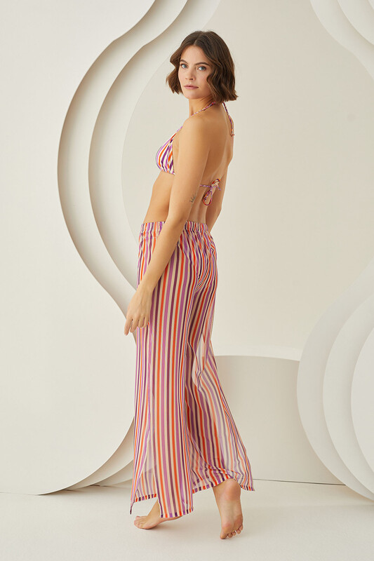 Renkli Stripes Yırtmaçlı Pareo Pantolon - LOYA