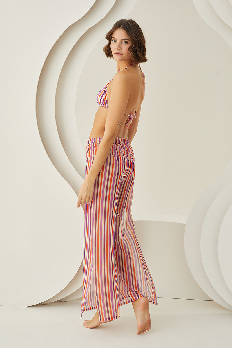 Renkli Stripes Yırtmaçlı Pareo Pantolon - 3