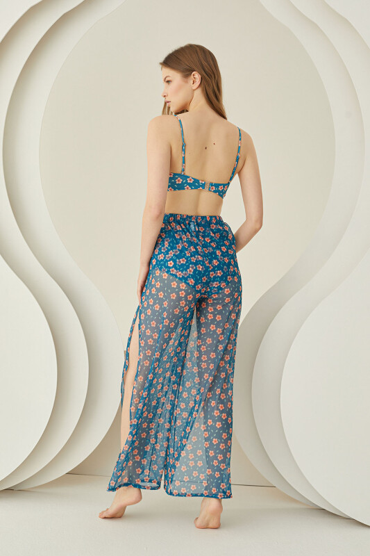 Renkli Tiny Flower Yırtmaçlı Pareo Pantolon - LOYA