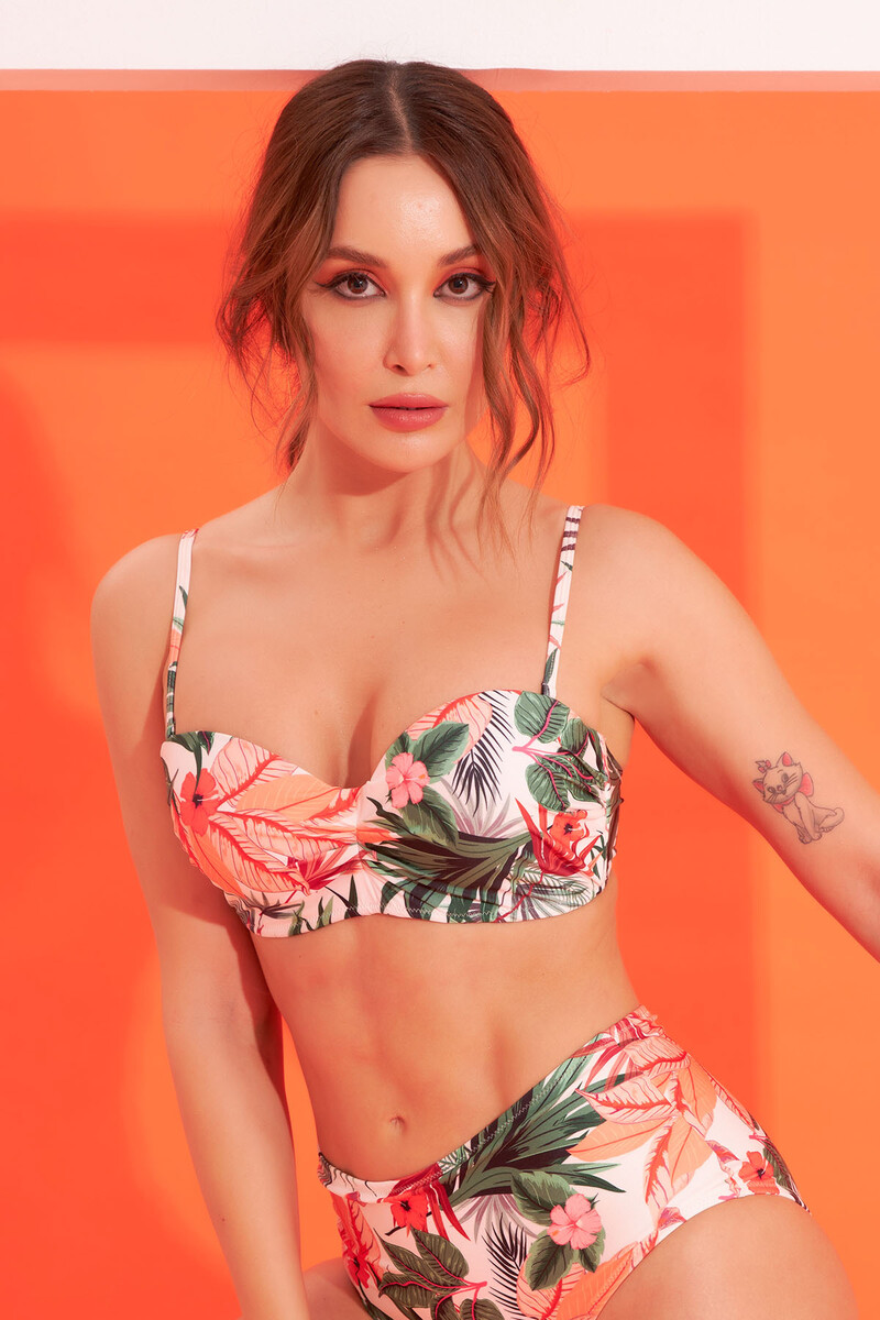 Renkli Tropikal Desen Straplez Tek Üst Bikini - 2