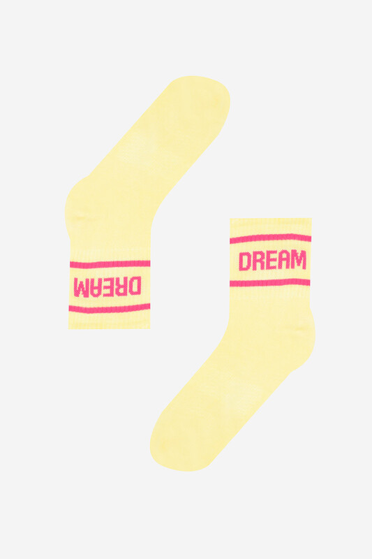 Sarı Dream Slogan Baskılı Soket Çorap 