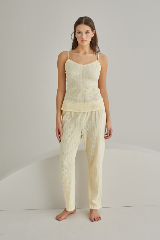 Sarı Hole İnce Askılı Sıfır Kol Pijama Takımı - NBB