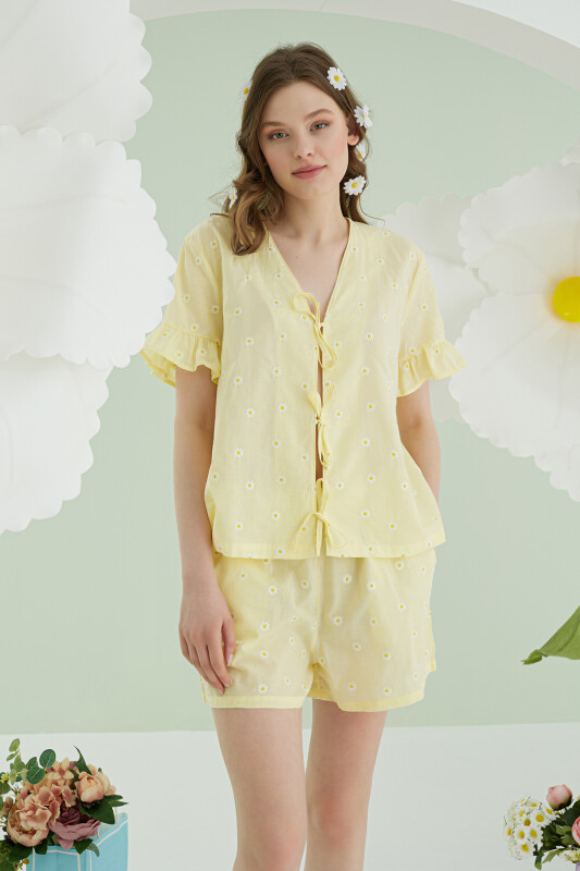 Sarı Papatya Şortlu Önden Bağlamalı Pijama Takımı - NBB