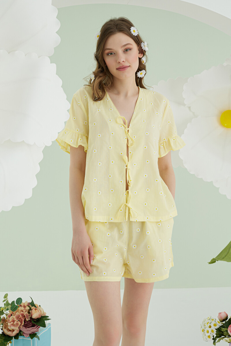 Sarı Papatya Şortlu Önden Bağlamalı Pijama Takımı - 3