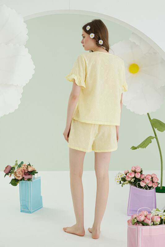 Sarı Papatya Şortlu Önden Bağlamalı Pijama Takımı - NBB