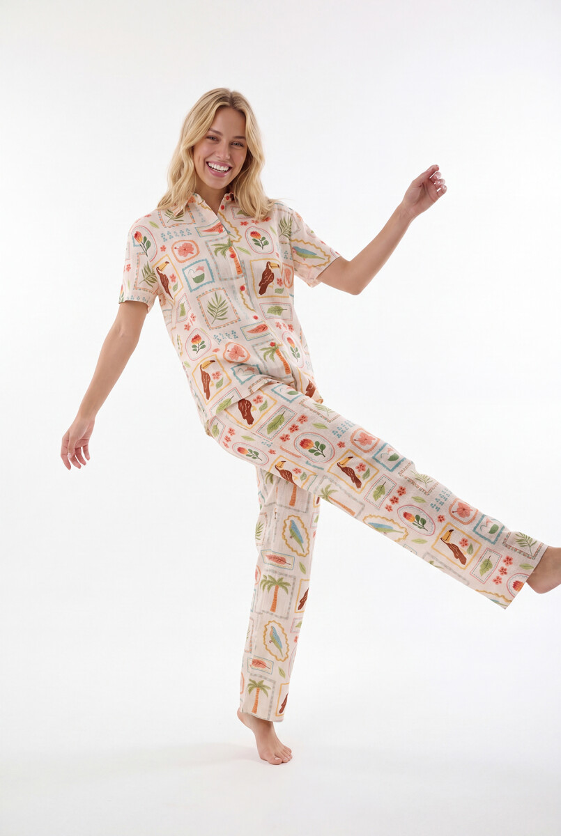 Sarı Seaside Önden Düğmeli Pijama Takım - 3