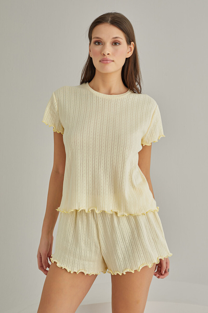 Sarı Striped Short Sleeve Şort Takımı - 2