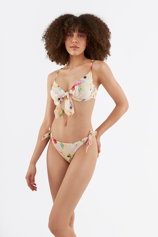 Sarı Yaban Çiçek Desenli Bağlamalı Tek Alt Bikini - LOYA