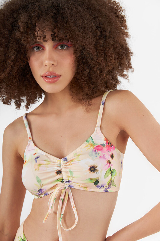 Sarı Yaban Çiçek Desenli Kapsız Tek Üst Bikini 