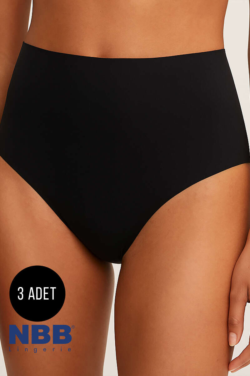 Siyah 3'lü Lazer Yüksek Bel Külot - 1
