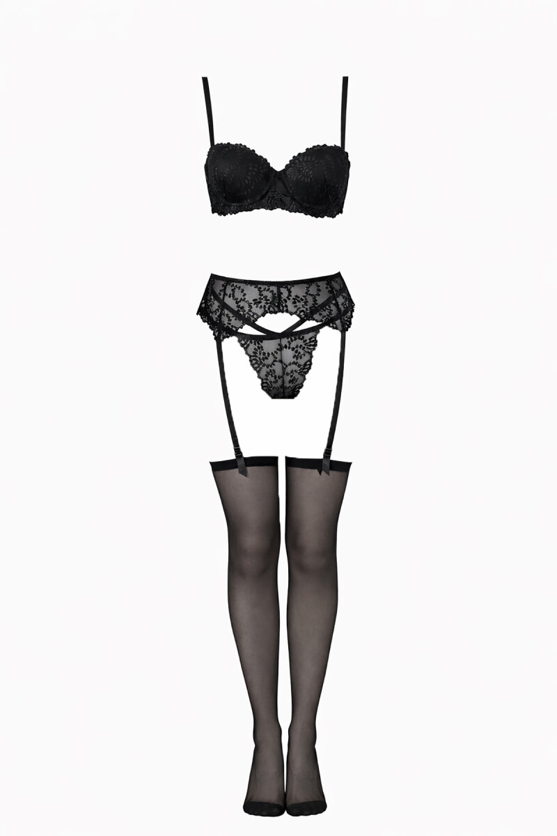 Siyah Ange Jartiyerli Straplez Destekli Sütyen String Takım - 4