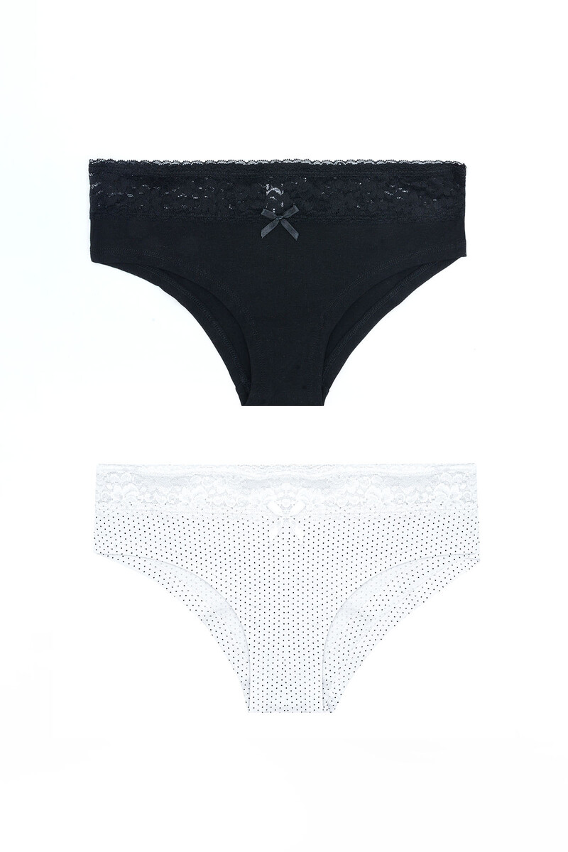 Siyah Beyaz Beli Dantelli 2'li Hipster Külot - 1