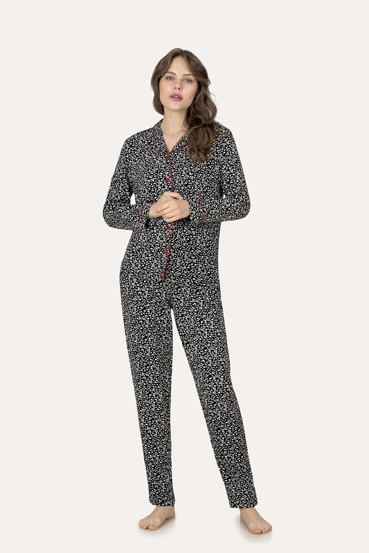 Siyah Beyaz Önden Düğmeli Pijama Takımı - Thumbnail