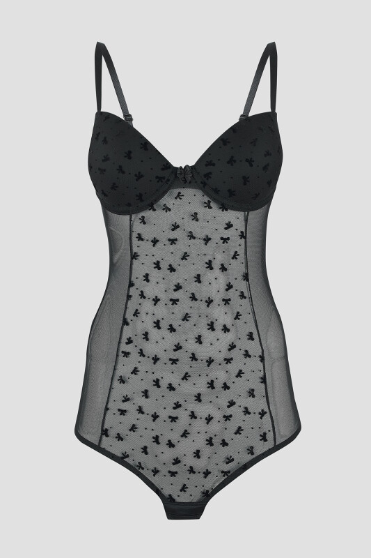 Siyah Bow Hafif Destekli Bodysuit - LOYA