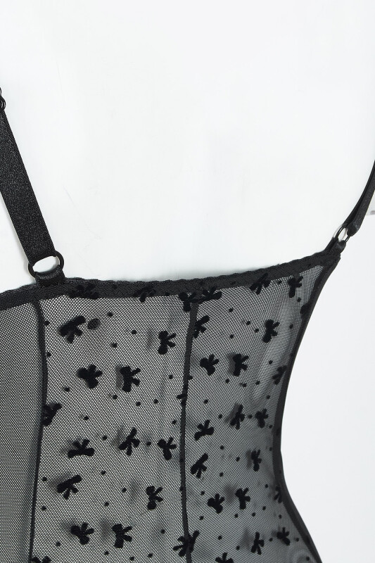 Siyah Bow Hafif Destekli Bodysuit - LOYA