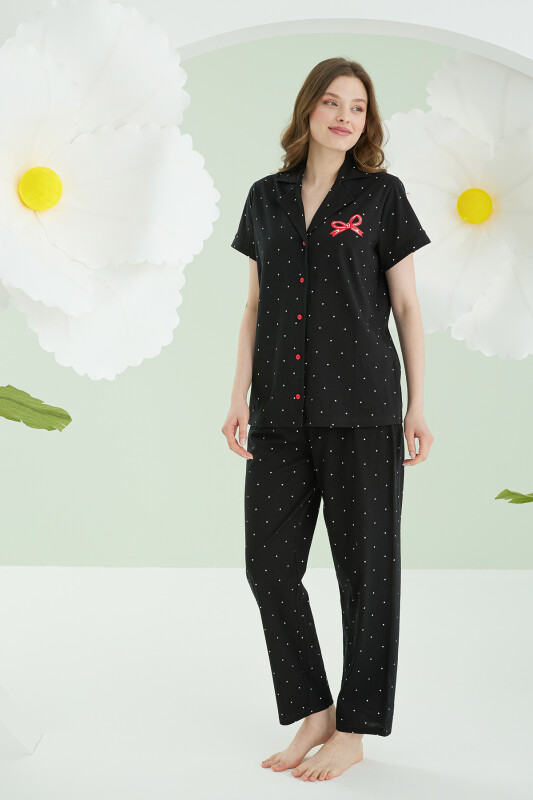 Siyah Bow Önden Düğmeli Pijama Takımı 