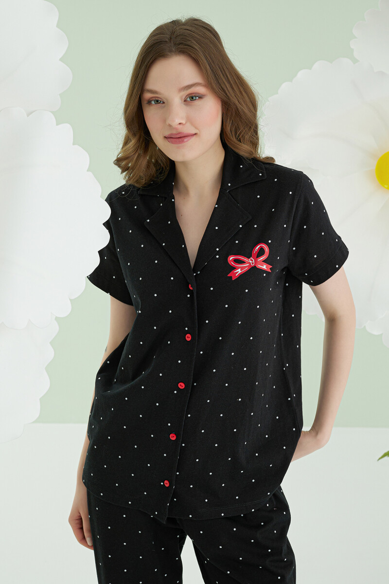 Siyah Bow Önden Düğmeli Pijama Takımı - 2