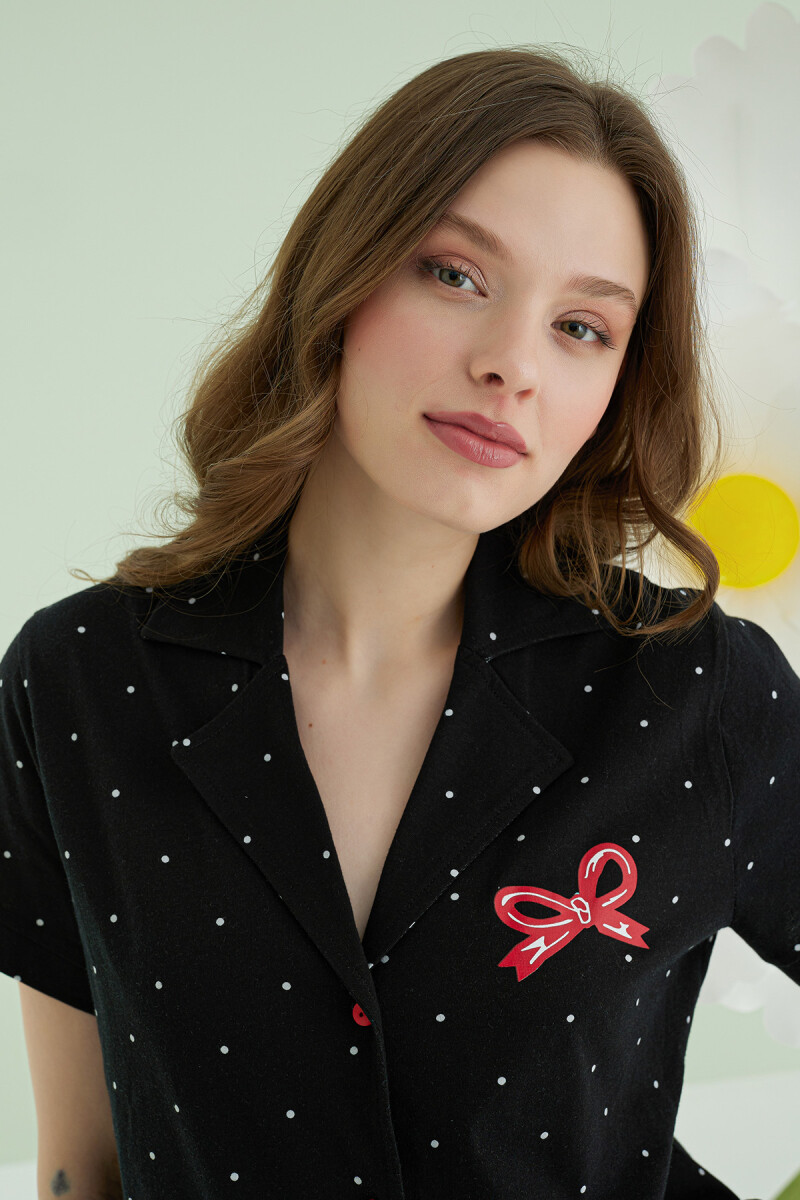 Siyah Bow Önden Düğmeli Pijama Takımı - 3