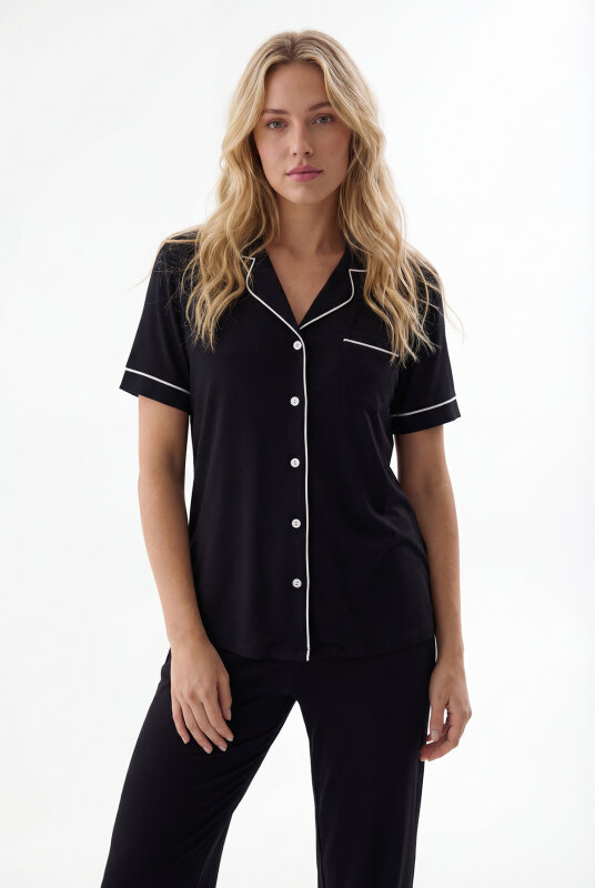 Siyah Çizgi Detaylı Önden Düğmeli Pijama Takımı - NBB