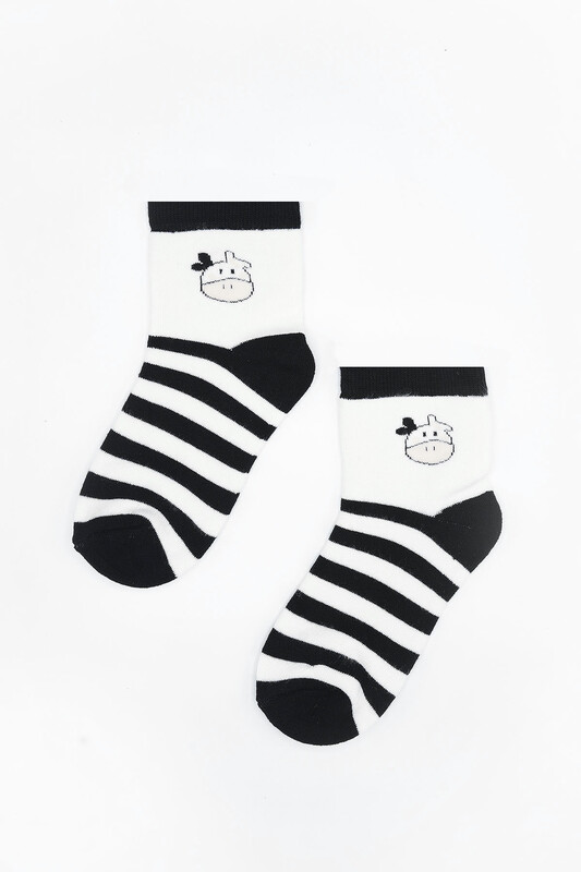 Siyah Çizgili İnek Detaylı Soket Çorap - Thumbnail