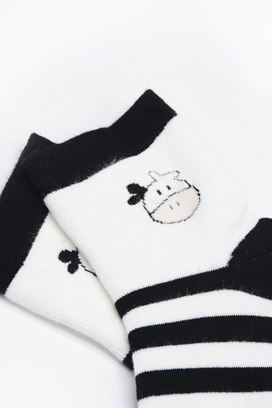 Siyah Çizgili İnek Detaylı Soket Çorap - Thumbnail