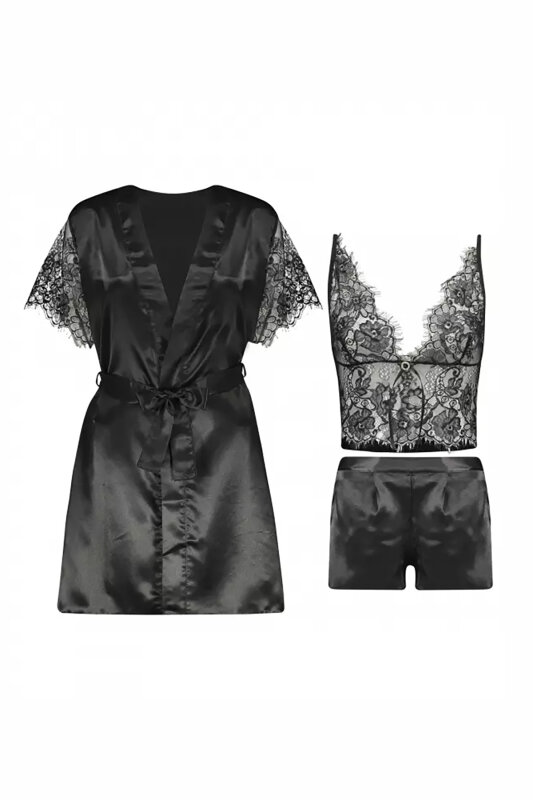 Siyah Dantelli Saten Şortlu Sabahlık Takımı - NBB