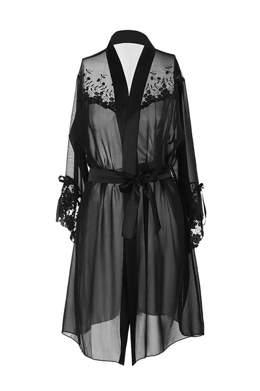 Siyah Fantezi Saten Gecelik Sabahlık Takım - NBB