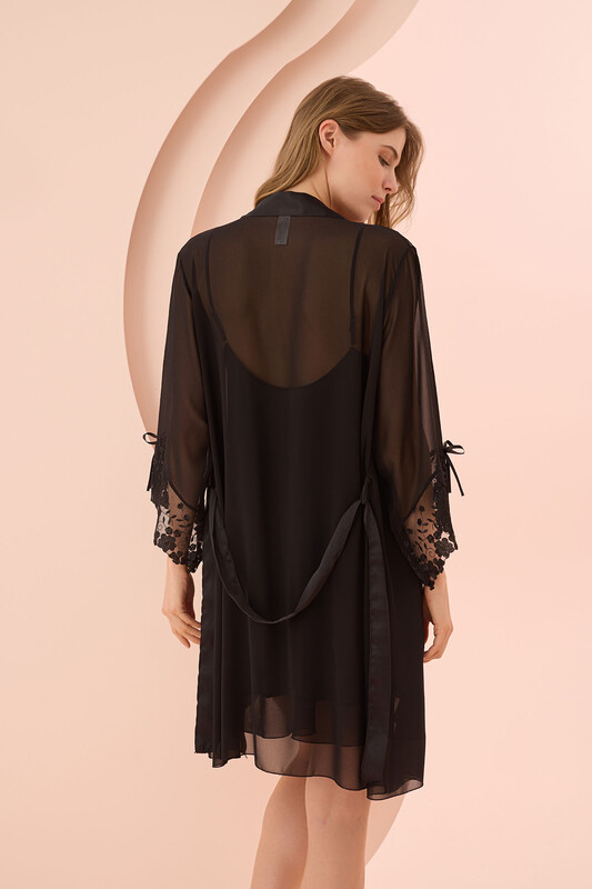 Siyah Fantezi Saten Gecelik Sabahlık Takım - NBB