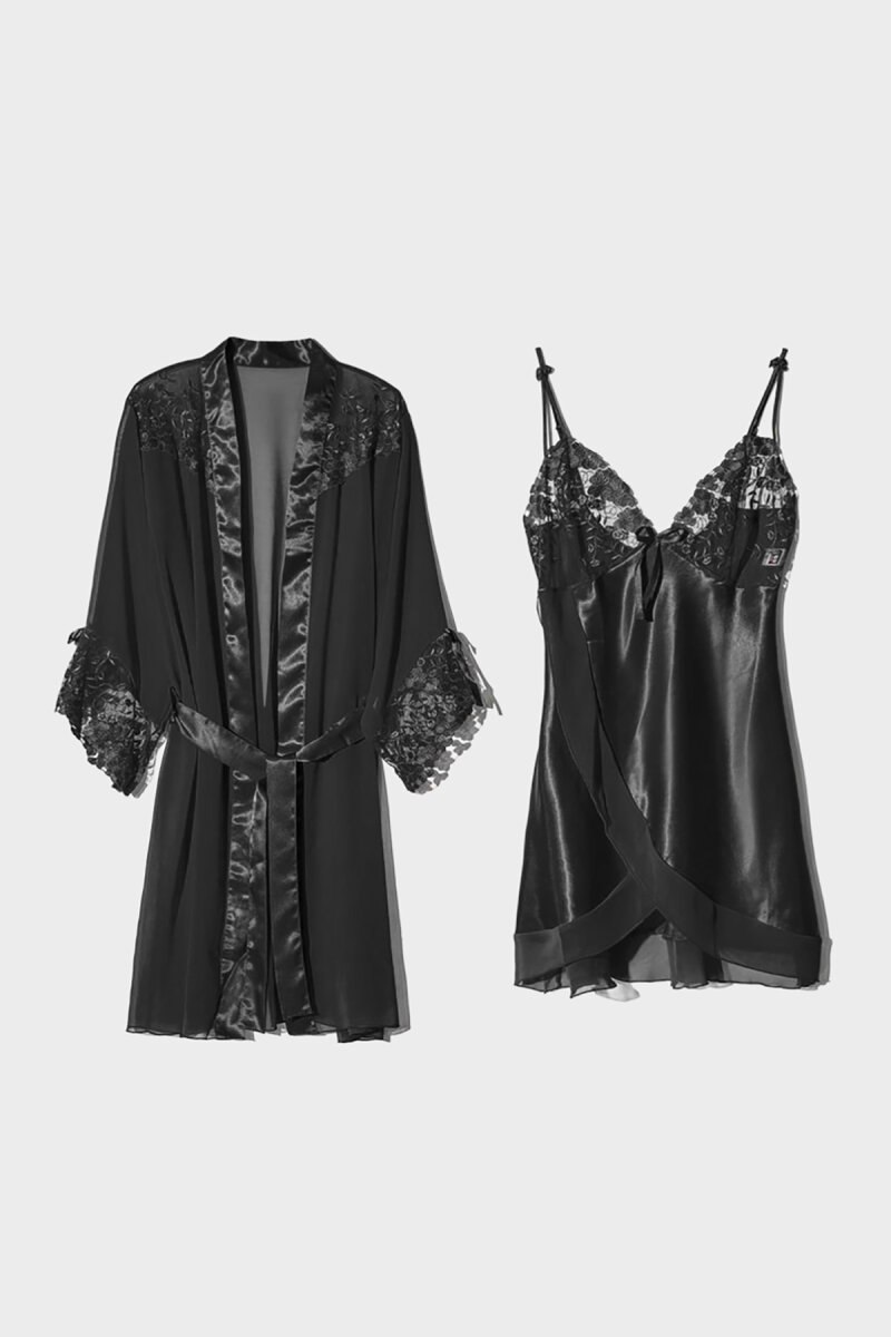 Siyah Fantezi Saten Gecelik Sabahlık Takım - 5