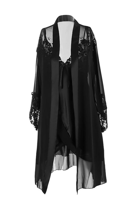 Siyah Fantezi Saten Gecelik Sabahlık Takım - NBB