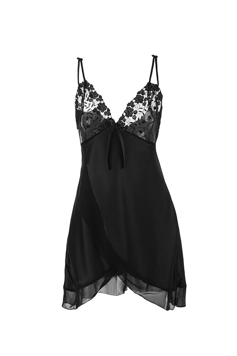 Siyah Fantezi Saten Gecelik Sabahlık Takım - 8