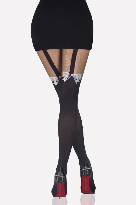 Siyah Fiyonk Desenli Külotlu Çorap - 2