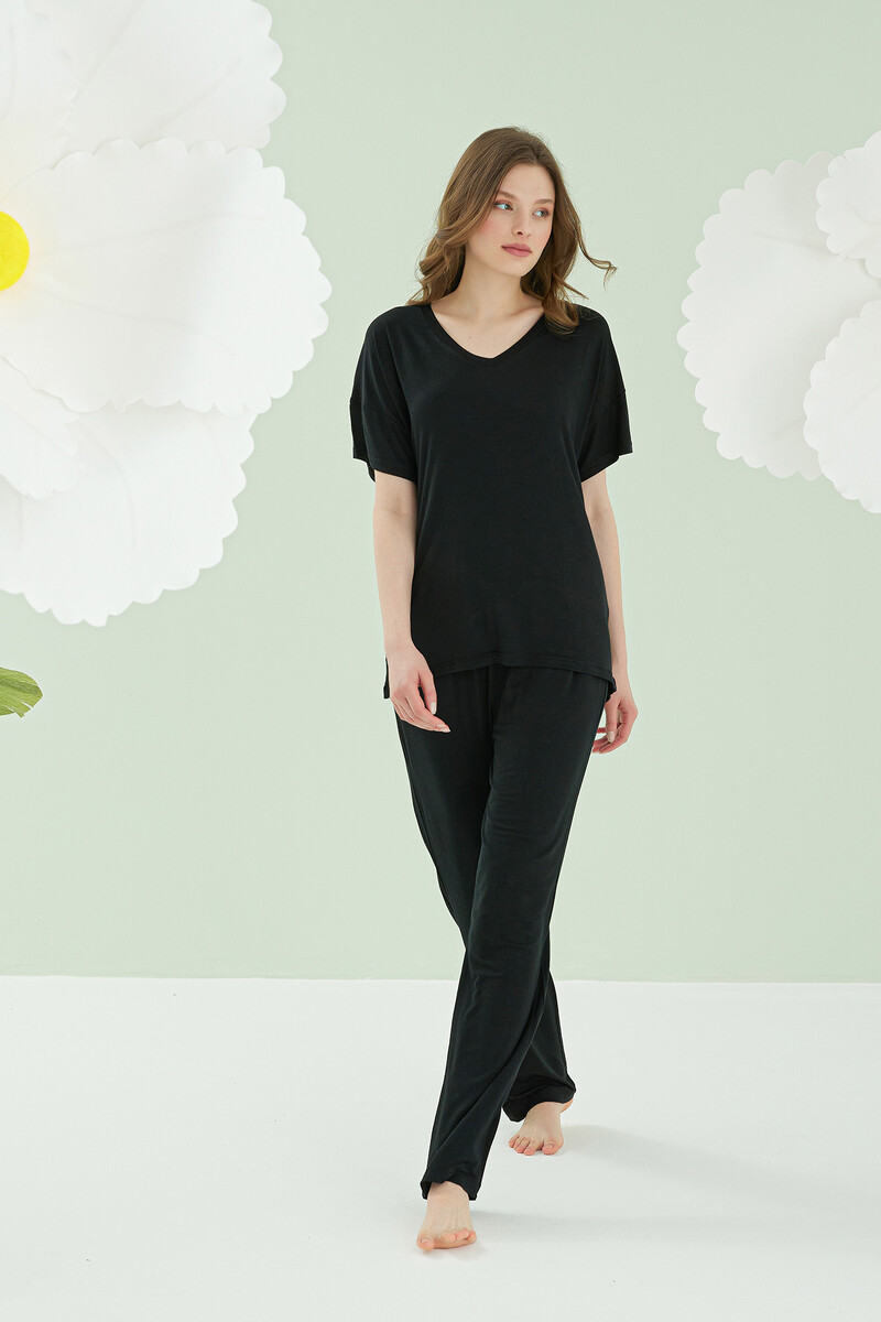 Siyah Modal V Yaka Pijama Takımı - 1