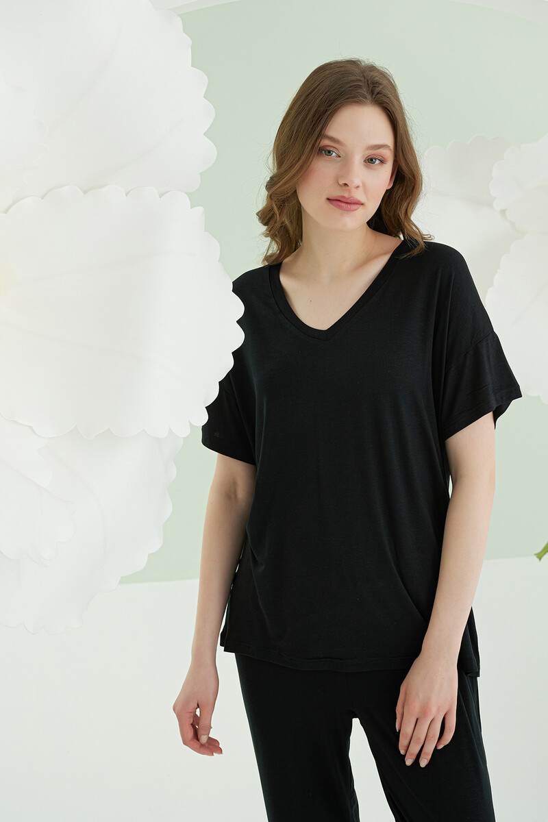 Siyah Modal V Yaka Pijama Takımı - 3