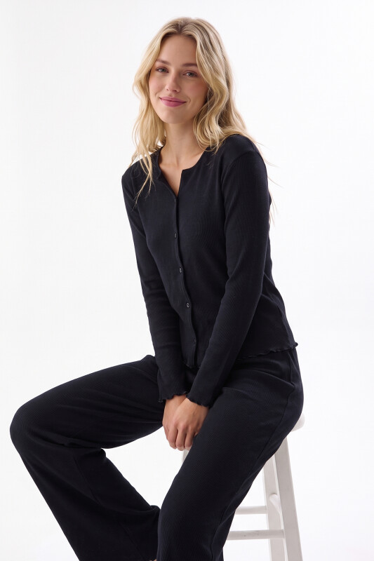 Siyah Noir Fitilli Önden Düğmeli Kaşkorse Pijama Takım - NBB