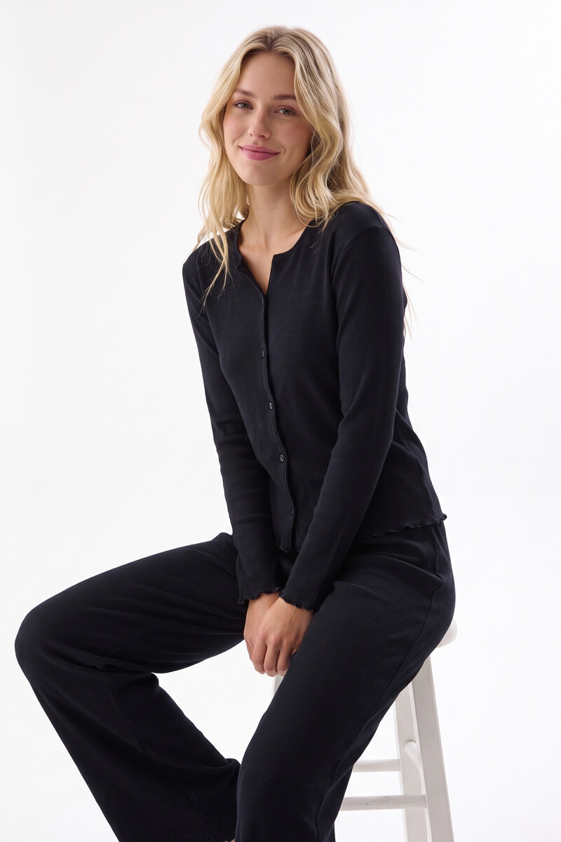 Siyah Noir Fitilli Önden Düğmeli Kaşkorse Pijama Takım - 1