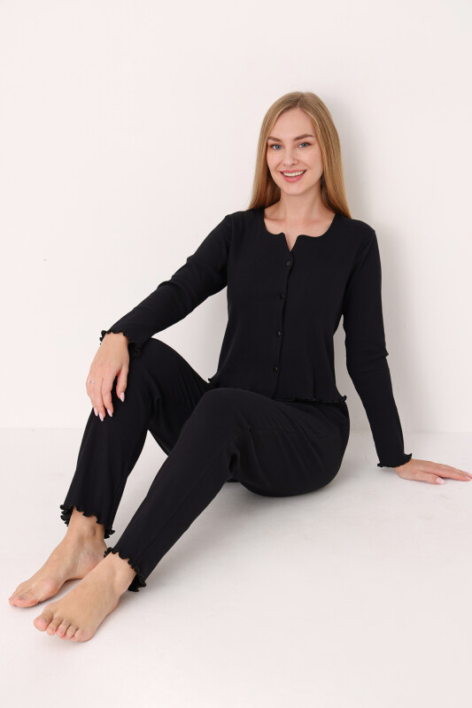 Siyah Önden Düğmeli Pijama Takımı 