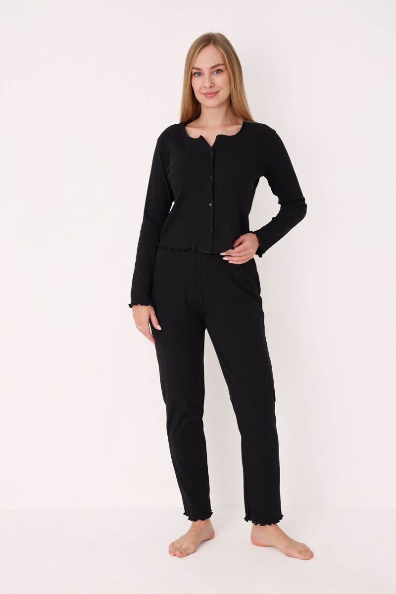 Siyah Önden Düğmeli Pijama Takımı - 2
