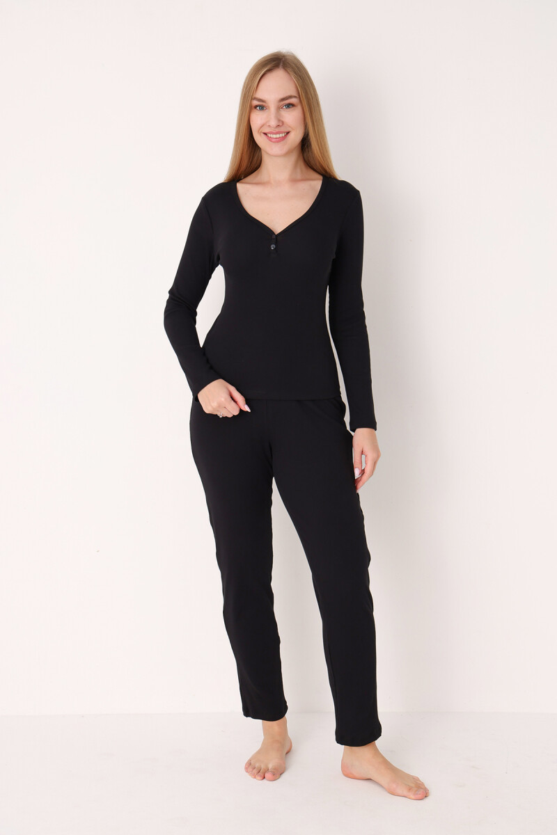 Siyah Patlı V Yaka Pijama Takım - 4
