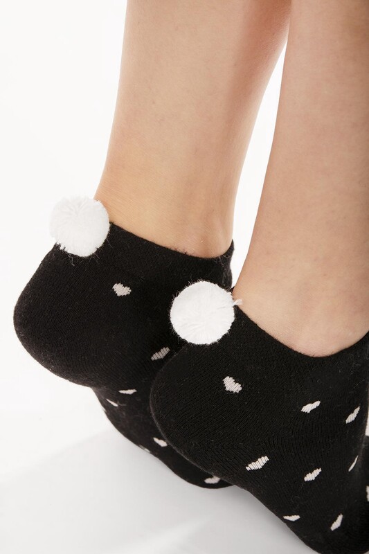 Siyah Ponponlu Havlu Patik Çorap - Thumbnail