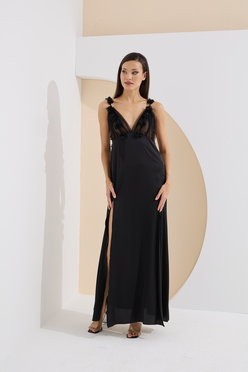 Siyah Premium Rosa Uzun Gecelik - 1