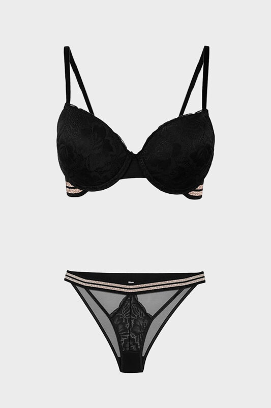 Siyah Rose Silvery Simli Hafif Destekli Sütyen Takımı - NBB