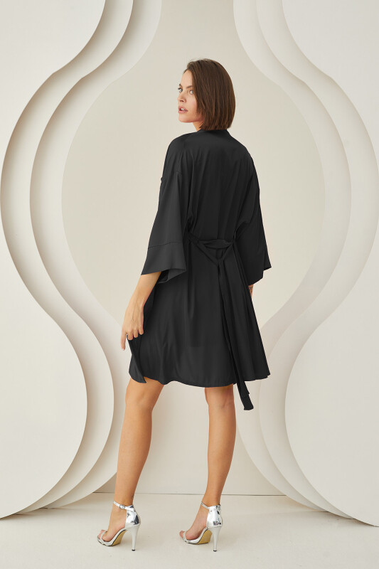 Siyah Silky Kısa Kuşaklı Tek Sabahlık - NBB