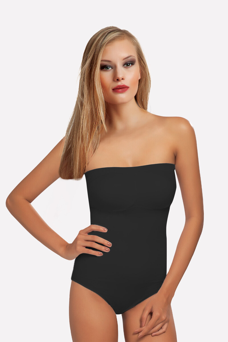 Siyah Straplez Çıtçıtlı Dikişsiz Kaplı Body - 1