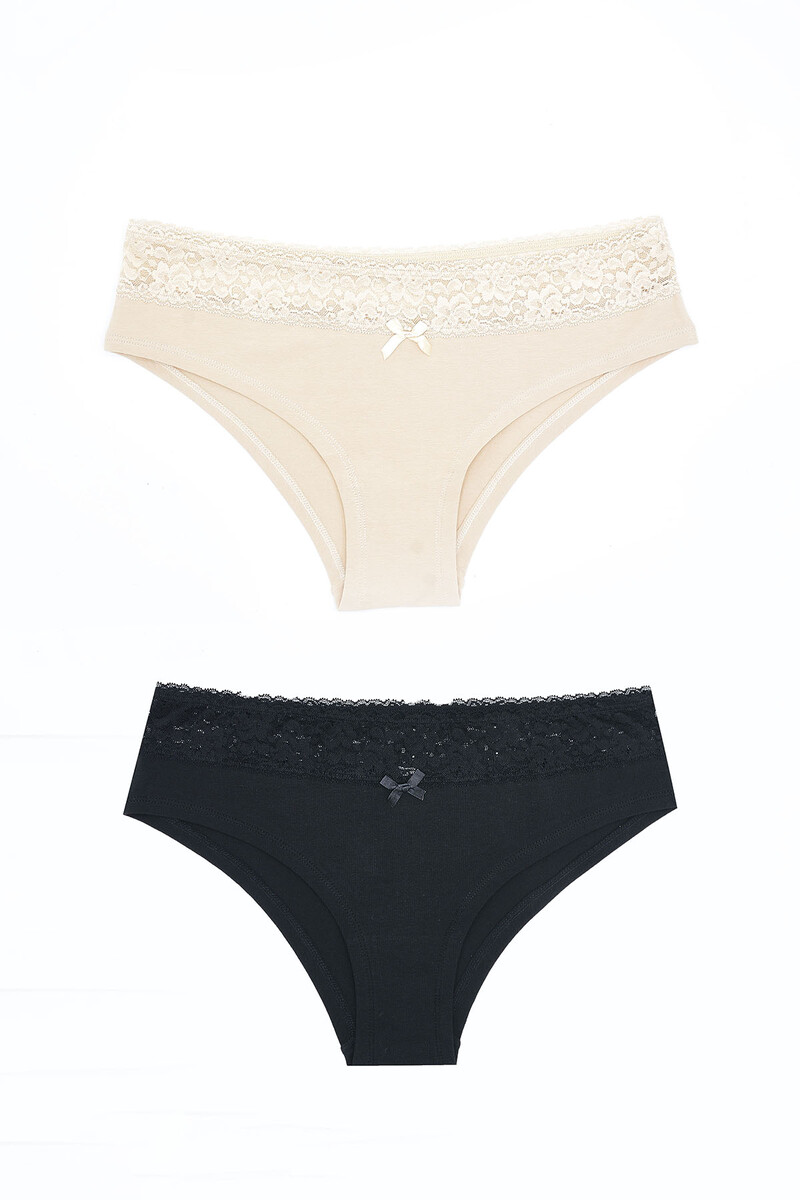 Siyah Ten Rengi Beli Dantelli 2'li Hipster Külot - 1