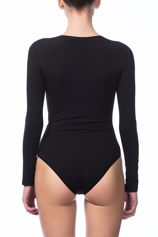 Siyah Uzun Kol Bisiklet Yaka Çıtçıtlı Body - NBB